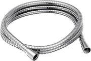 Polished nickel flexible shower hose coiled in a loop with threaded connectors at both ends.