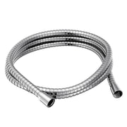 Chrome-plated flexible hose with ribbed exterior and threaded connectors on both ends.