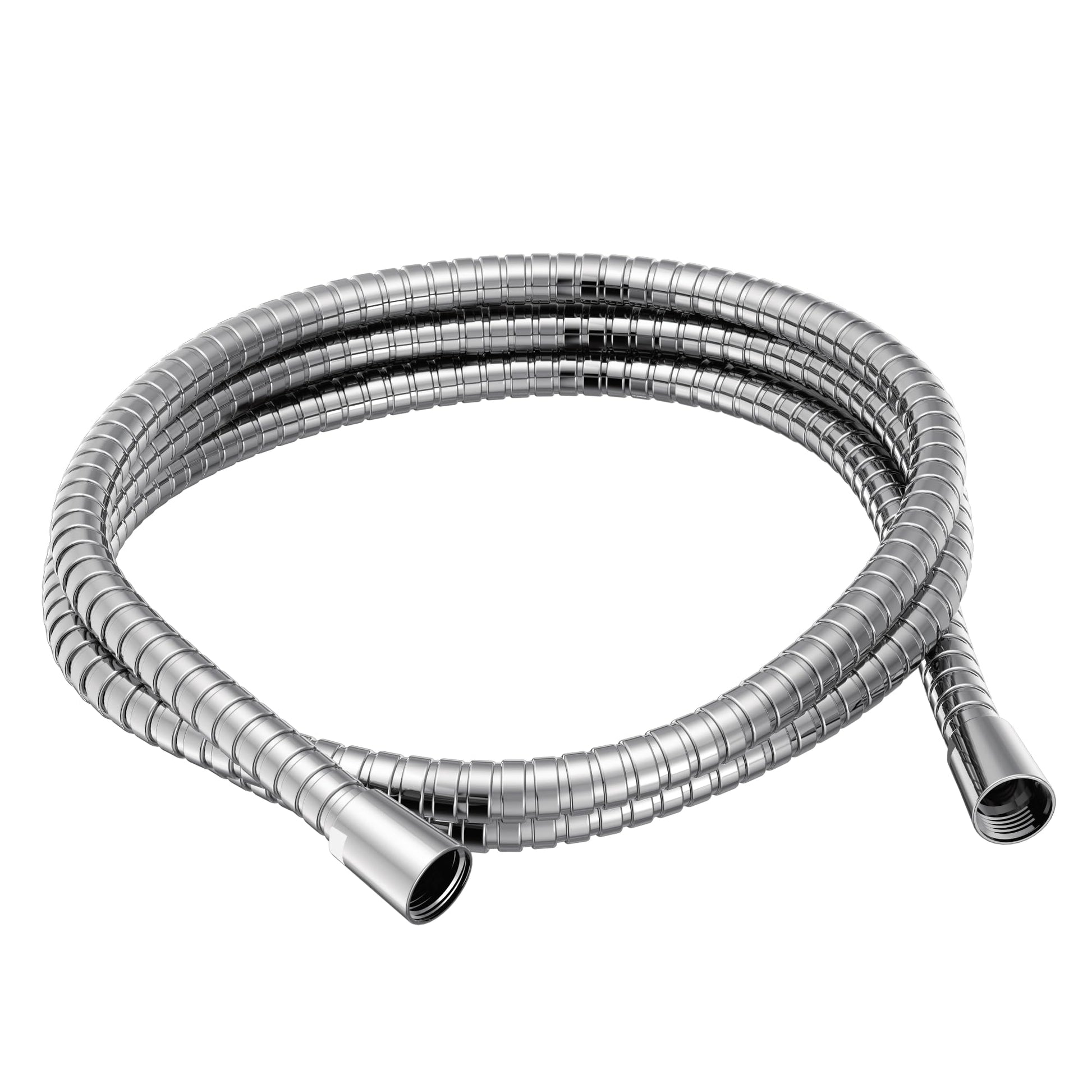 Chrome-plated flexible hose with ribbed exterior and threaded connectors on both ends.