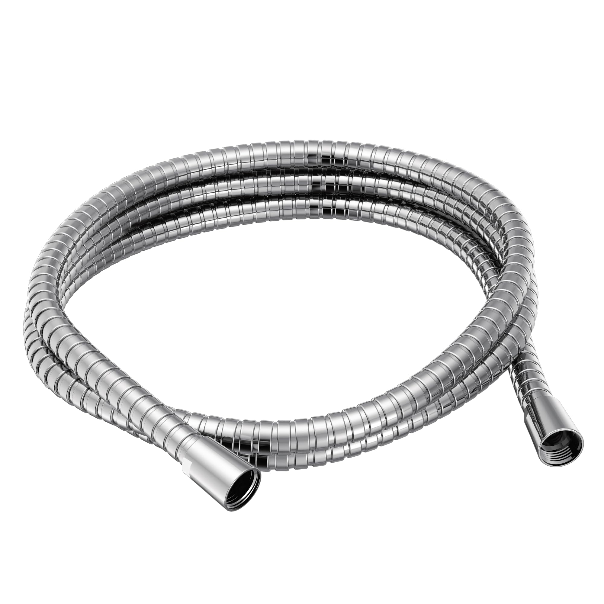 Chrome-plated flexible hose with ribbed exterior and threaded connectors on both ends.