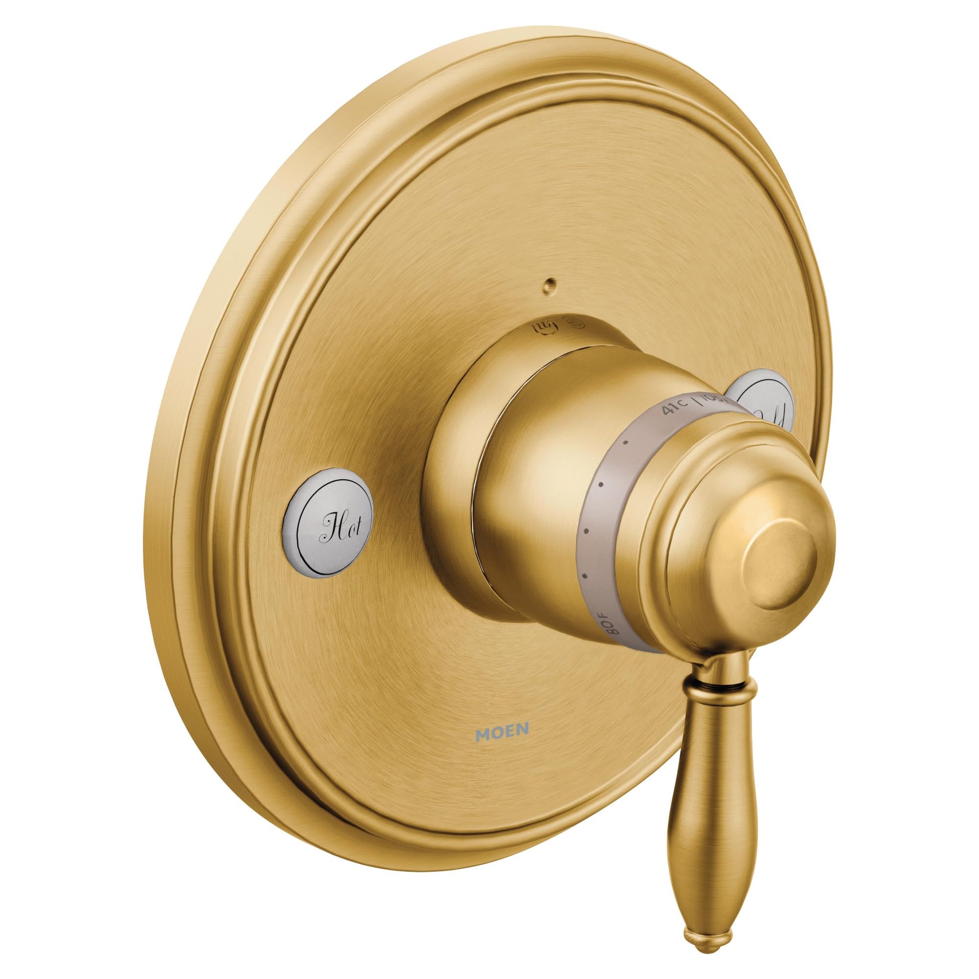 Brushed gold thermostatic shower valve trim with round backplate, control knob, and lever handle marked "Hot".