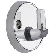 Chrome wall mount holder with cylindrical pin bracket and circular backplate for hand shower attachment.