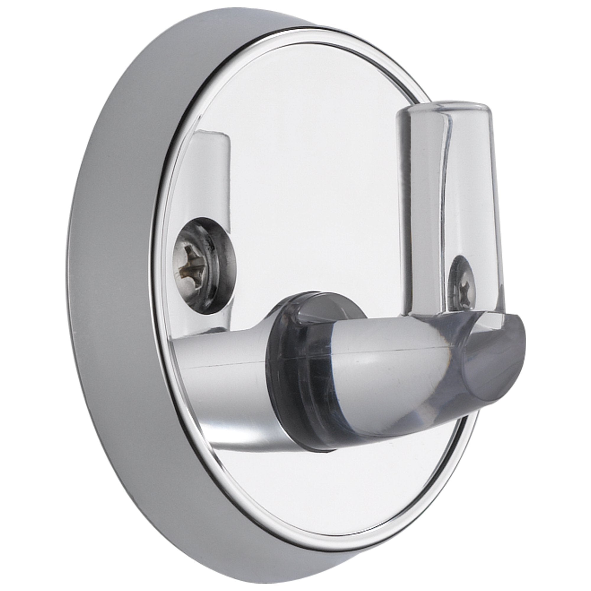 Chrome wall mount holder with cylindrical pin bracket and circular backplate for hand shower attachment.
