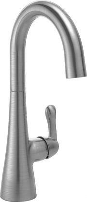 Stainless steel bar faucet with single lever handle and curved spout in brushed finish.