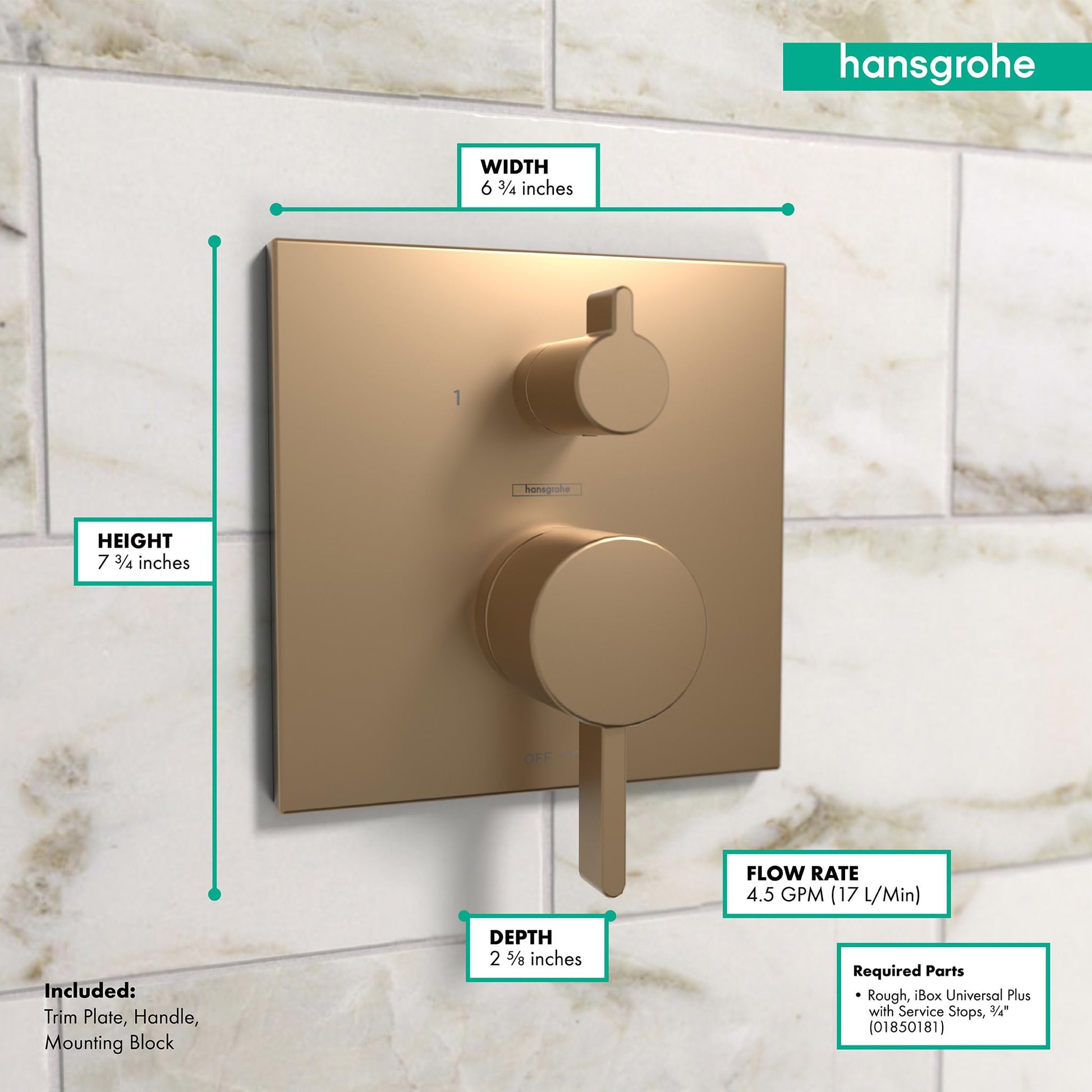 Brushed bronze square pressure balance trim with diverter, circular handle and lever control, 6.75 inches wide by 7.75 inches