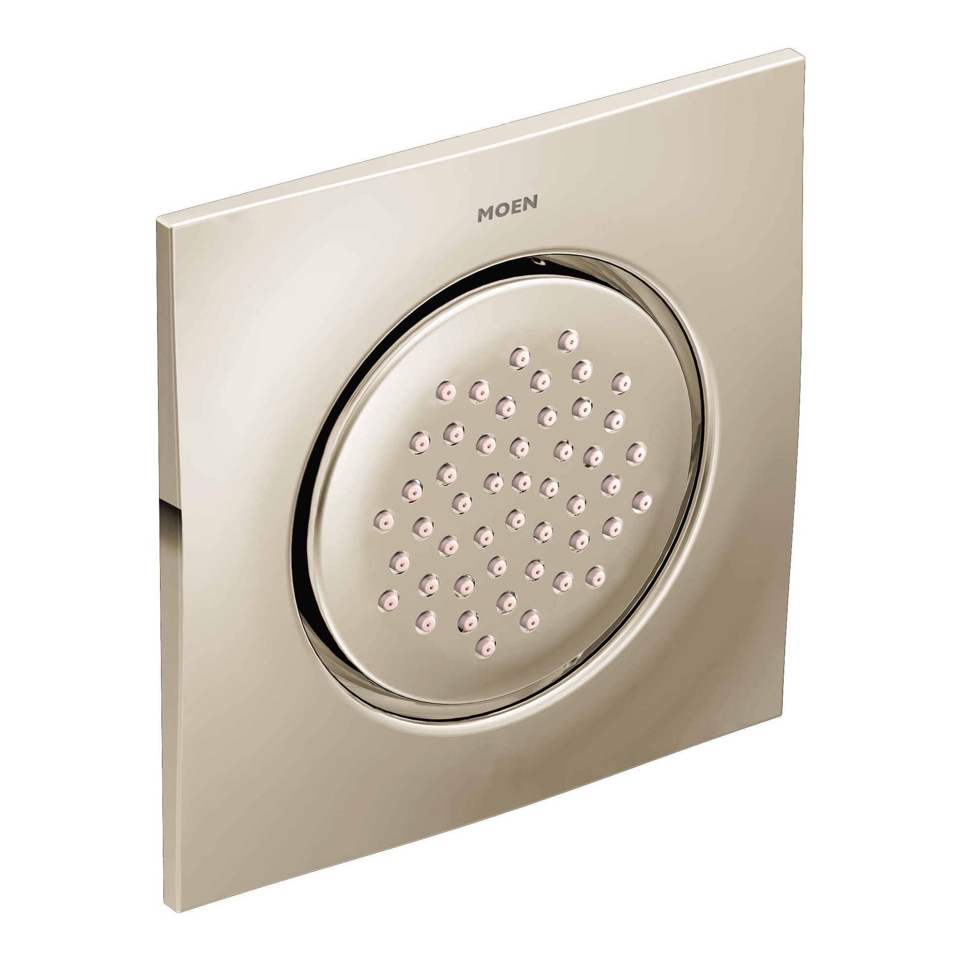 Polished nickel square body spray with circular showerhead and multiple spray jets mounted on square trim plate.