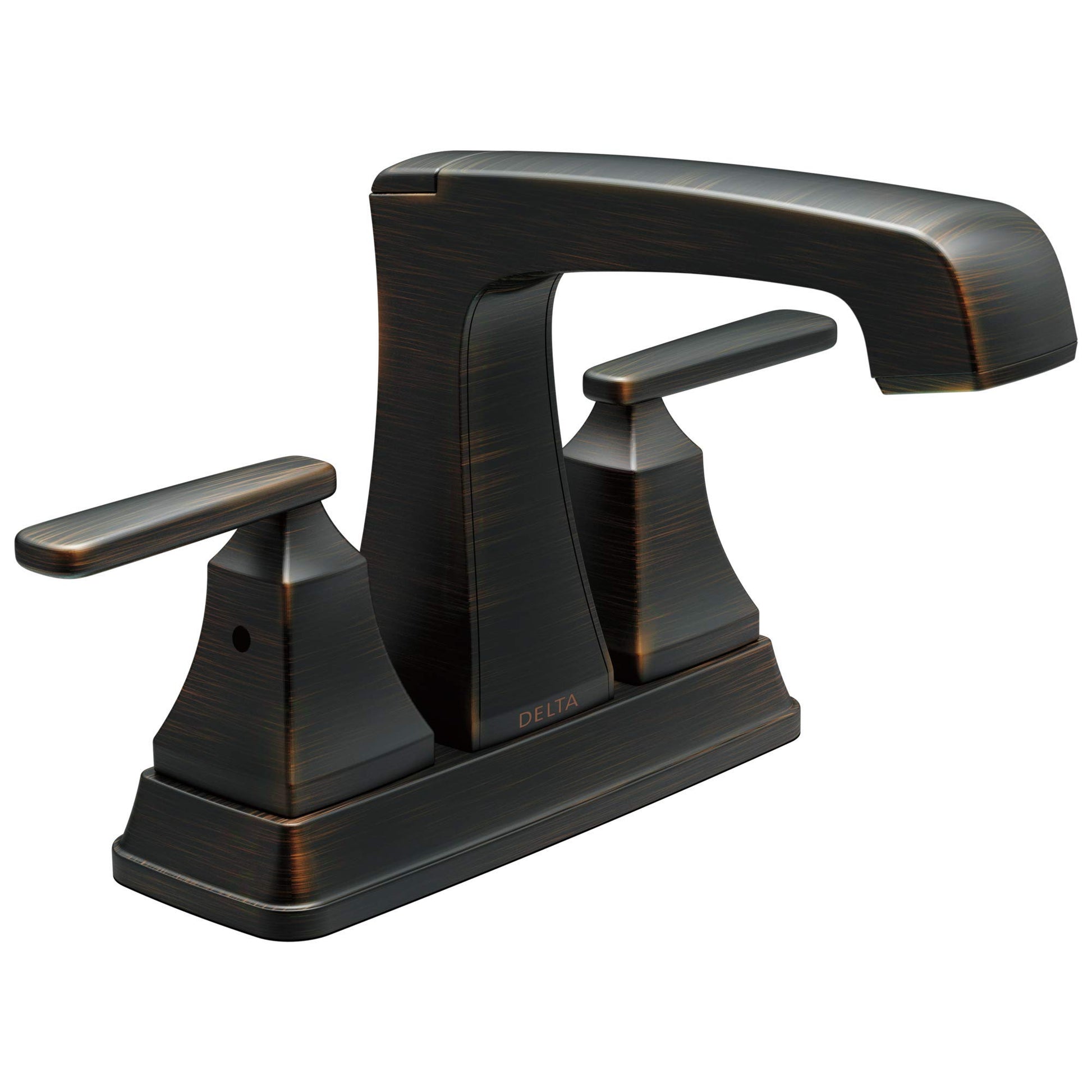 Chrome-finish bathroom faucet with two lever handles and curved spout in brushed bronze finish.