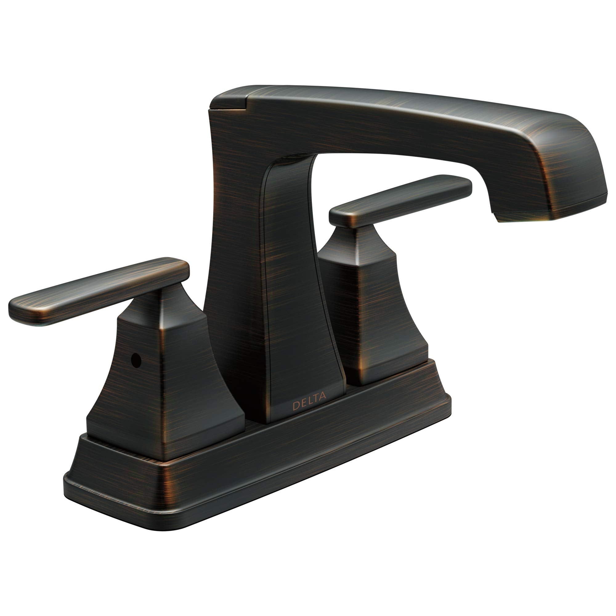 Chrome-finish bathroom faucet with two lever handles and curved spout in brushed bronze finish.