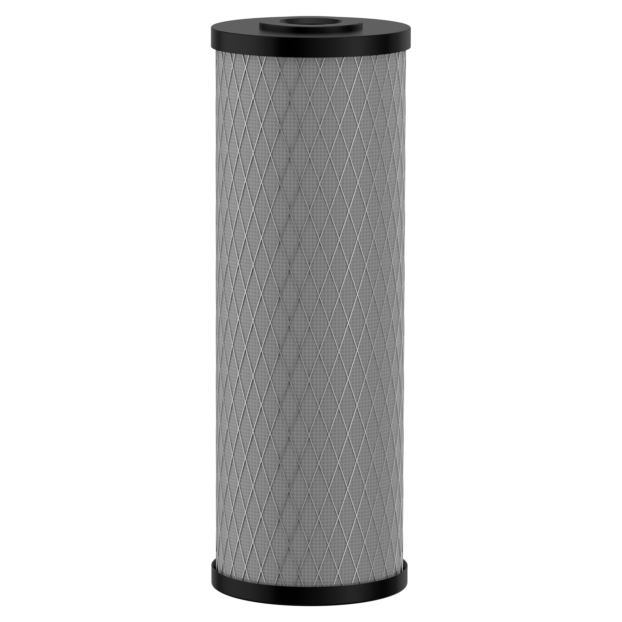 Cylindrical carbon replacement filter with gray pleated media and black top and bottom caps.