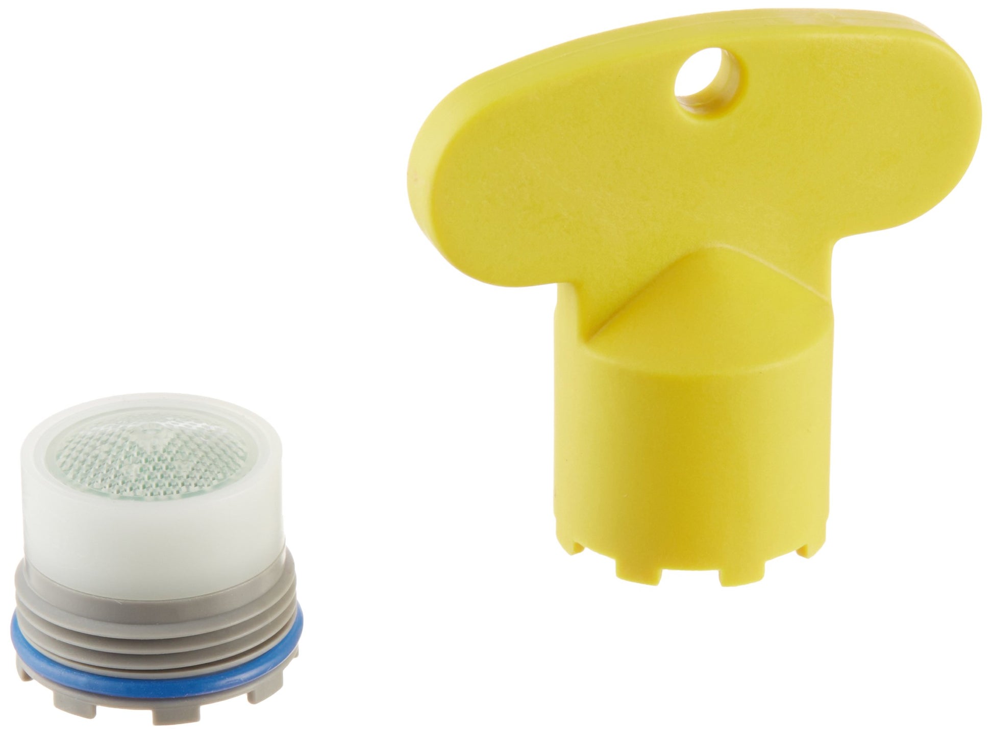Yellow plastic flow restrictor component with mounting cap and white mesh aerator insert.