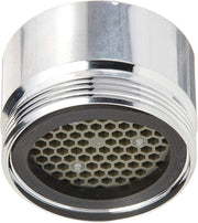 Chrome-plated roman tub spout with hexagonal flow straightener insert and threaded connection ring.