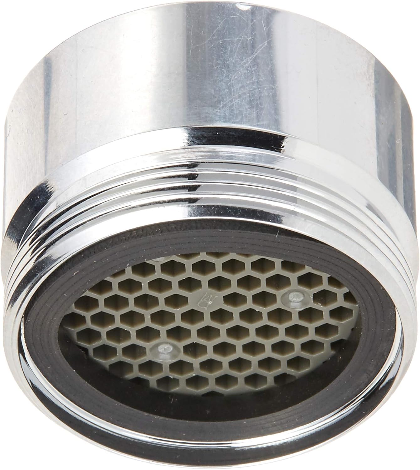 Chrome-plated roman tub spout with hexagonal flow straightener insert and threaded connection ring.