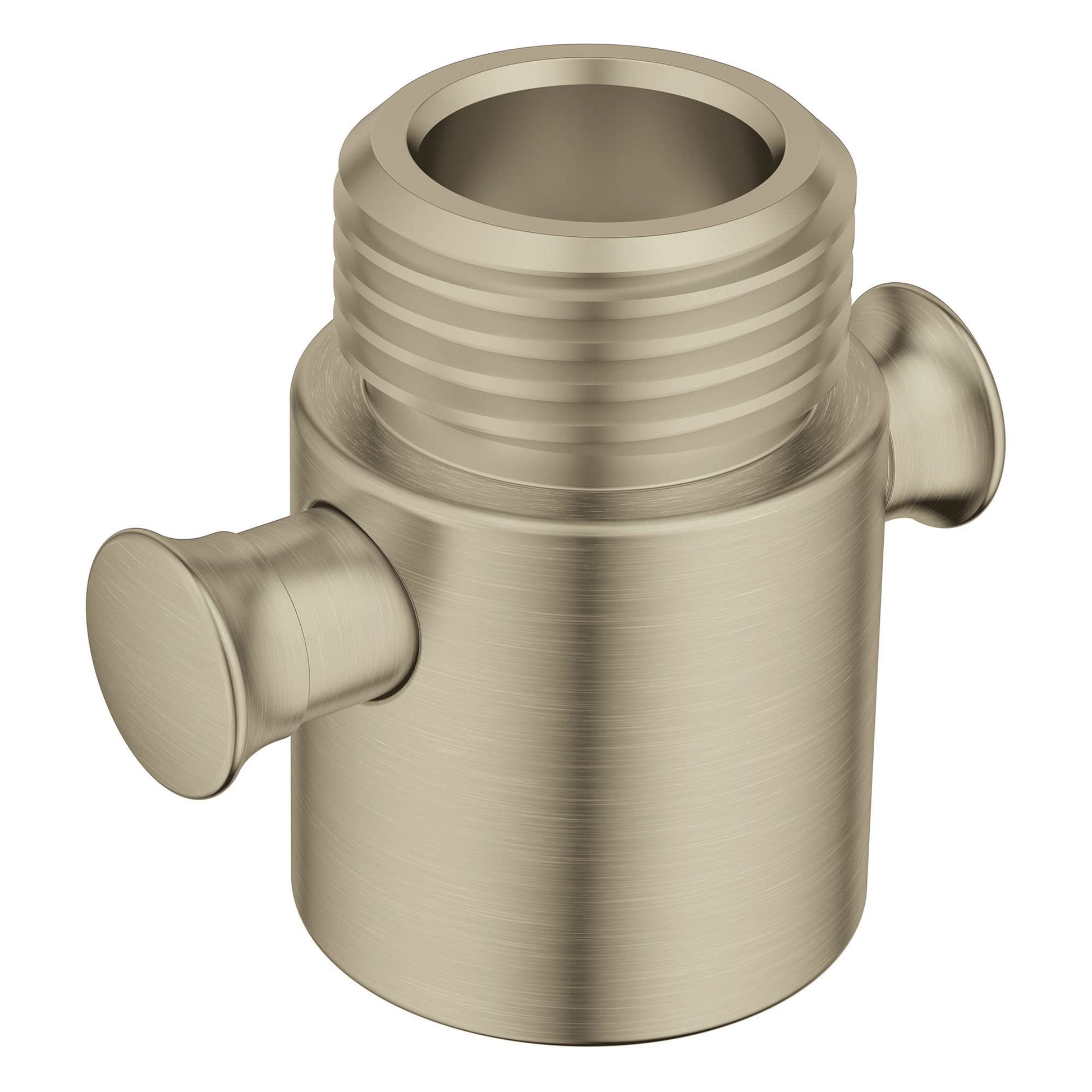 Brushed nickel volume control cartridge with threaded top and two side ports for shower valve installation.
