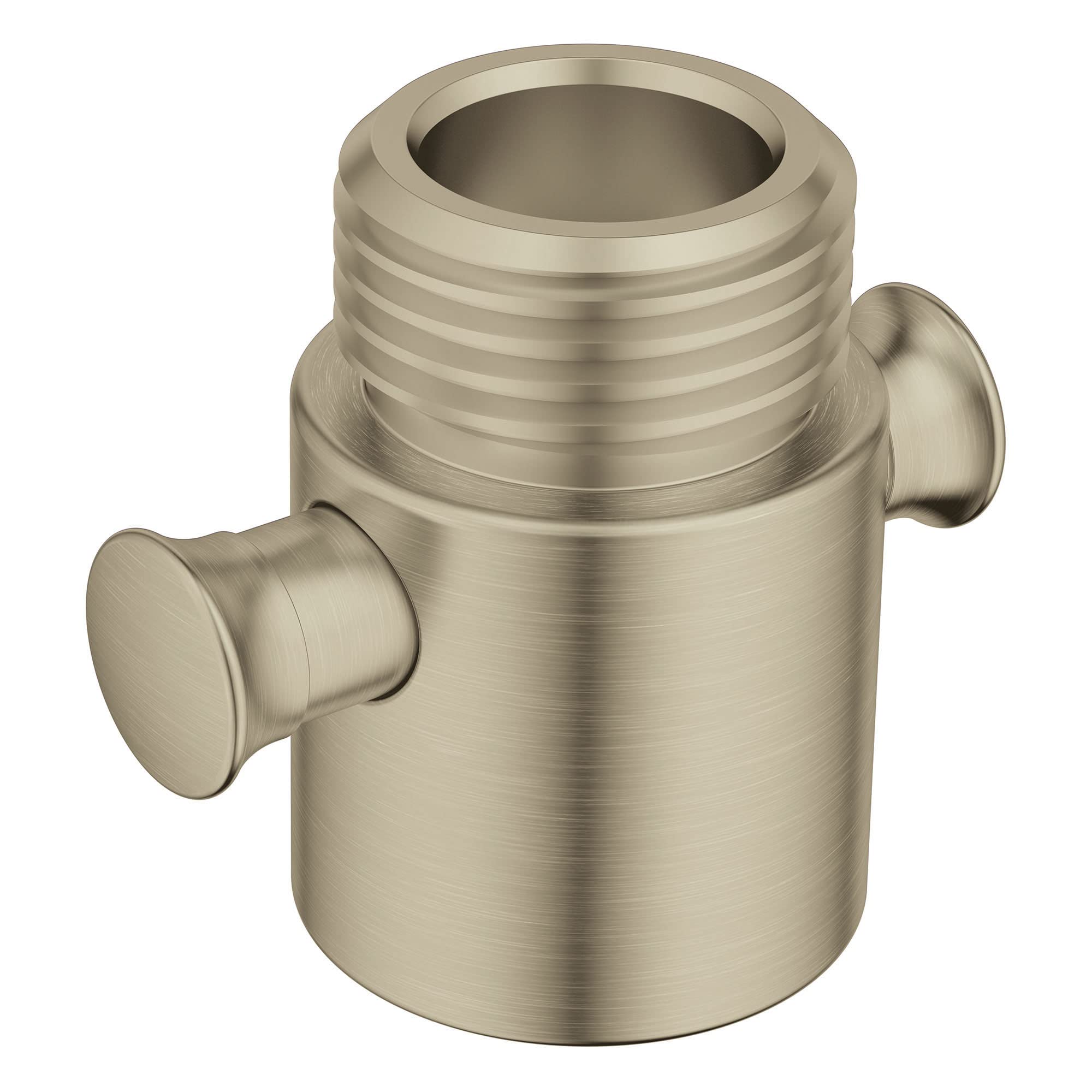 Brushed nickel volume control cartridge with threaded top and two side ports for shower valve installation.