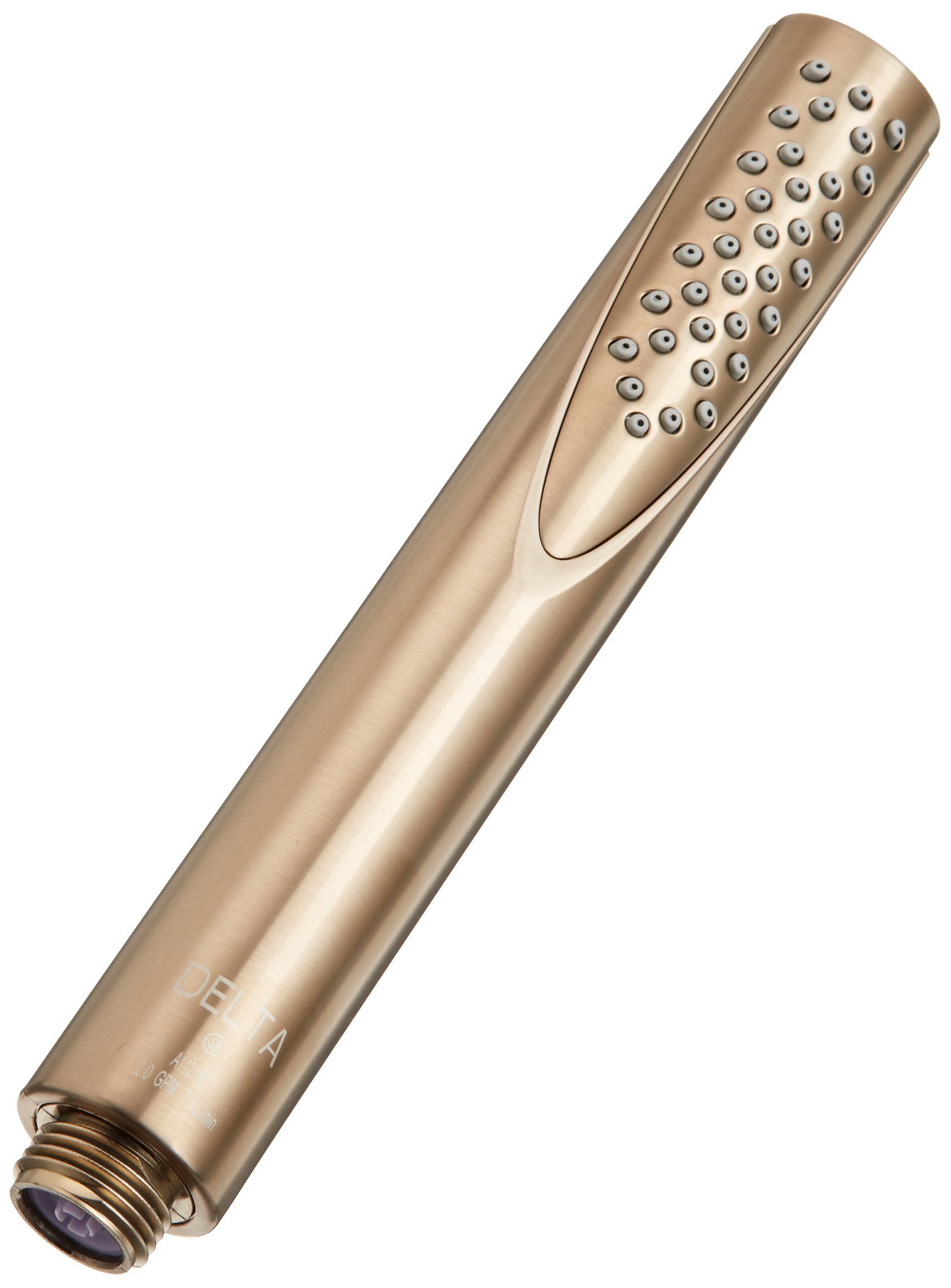 Champagne bronze hand shower with multiple spray jets and threaded connection at base.