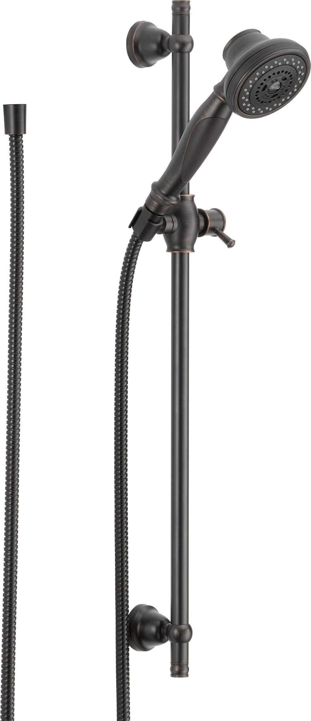 Chrome hand shower with multi-setting spray head mounted on vertical slide bar with hose and adjustable bracket in oil-rubbed