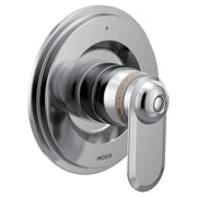 Chrome shower valve trim with round escutcheon plate and single lever handle.