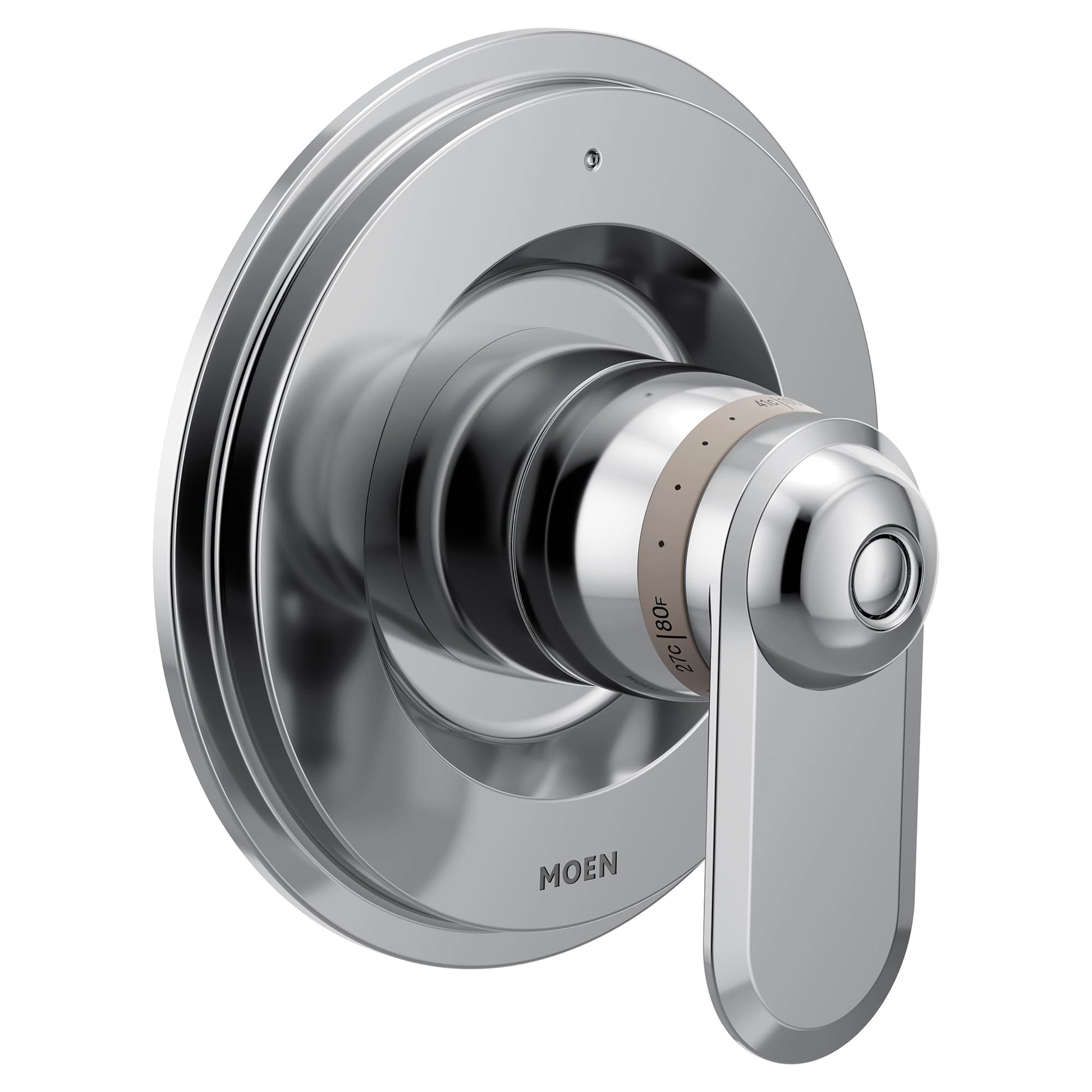 Chrome shower valve trim with round escutcheon plate and single lever handle.