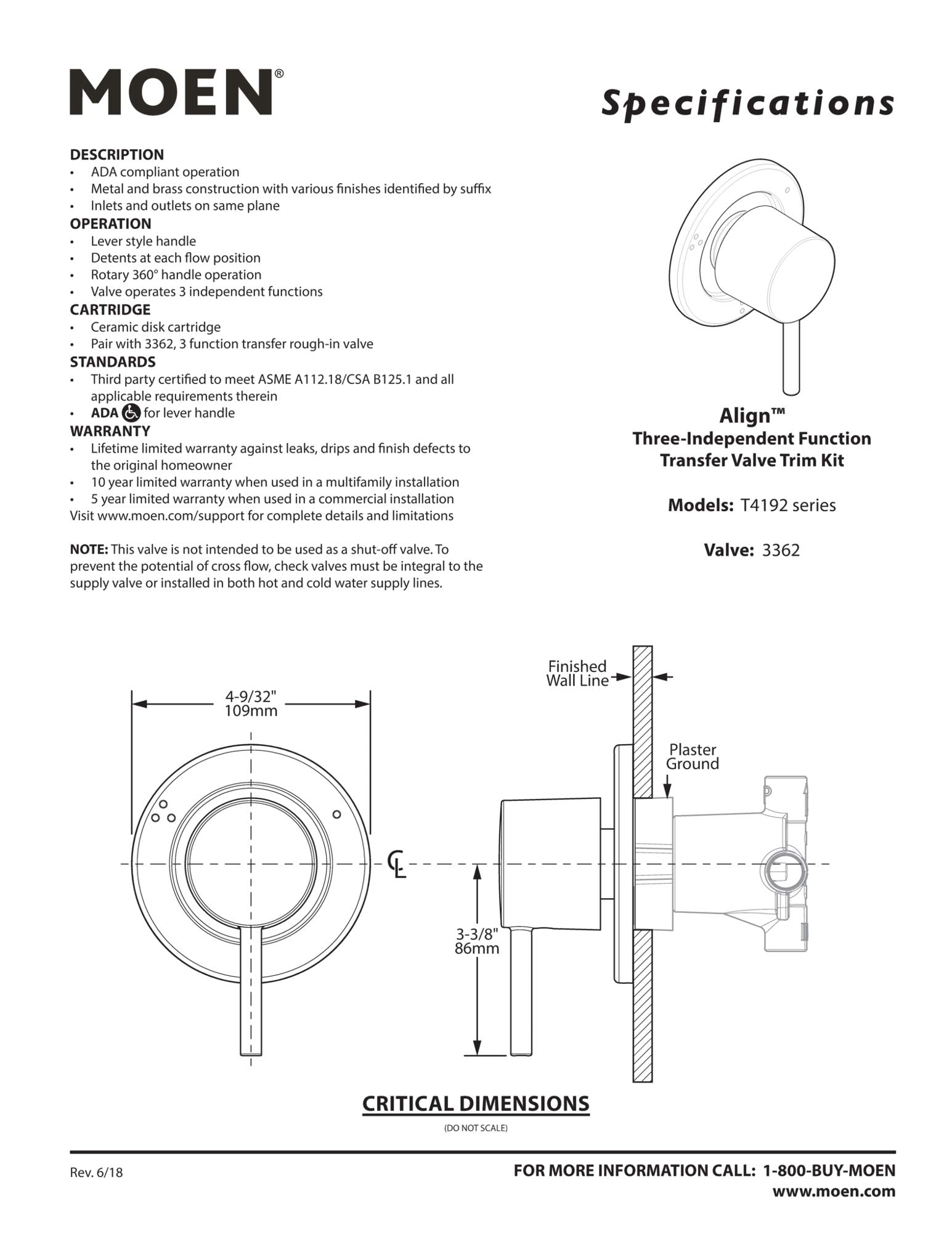 Moen matte black three-function transfer valve trim with round escutcheon plate and single lever handle.