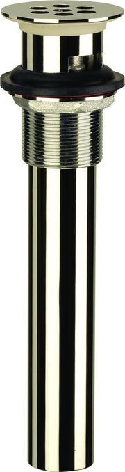 Polished nickel grid strainer vessel with overflow, cylindrical body and perforated top plate with multiple drain holes.