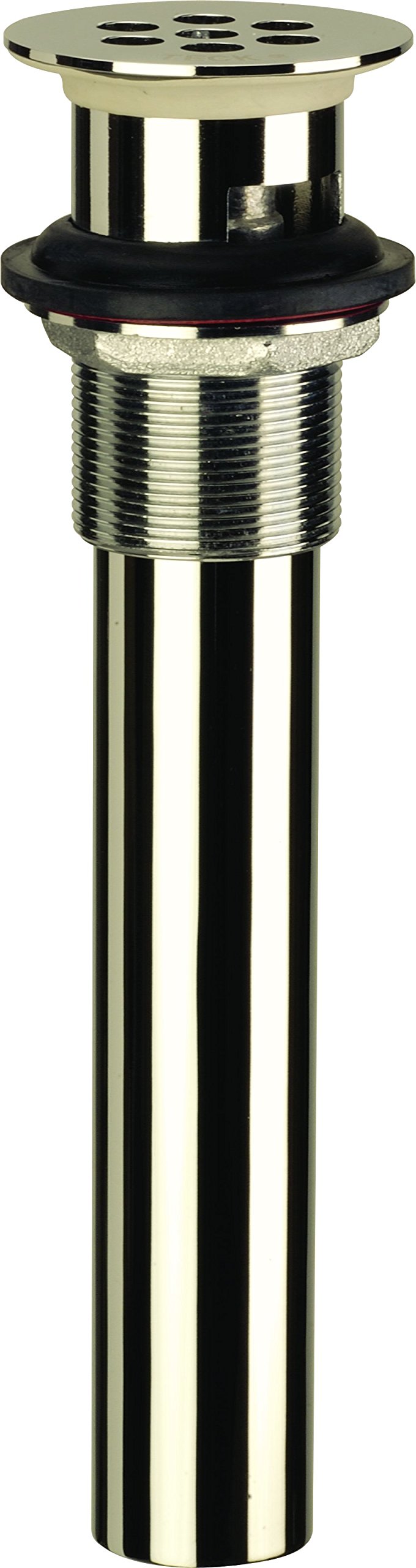 Polished nickel grid strainer vessel with overflow, cylindrical body and perforated top plate with multiple drain holes.