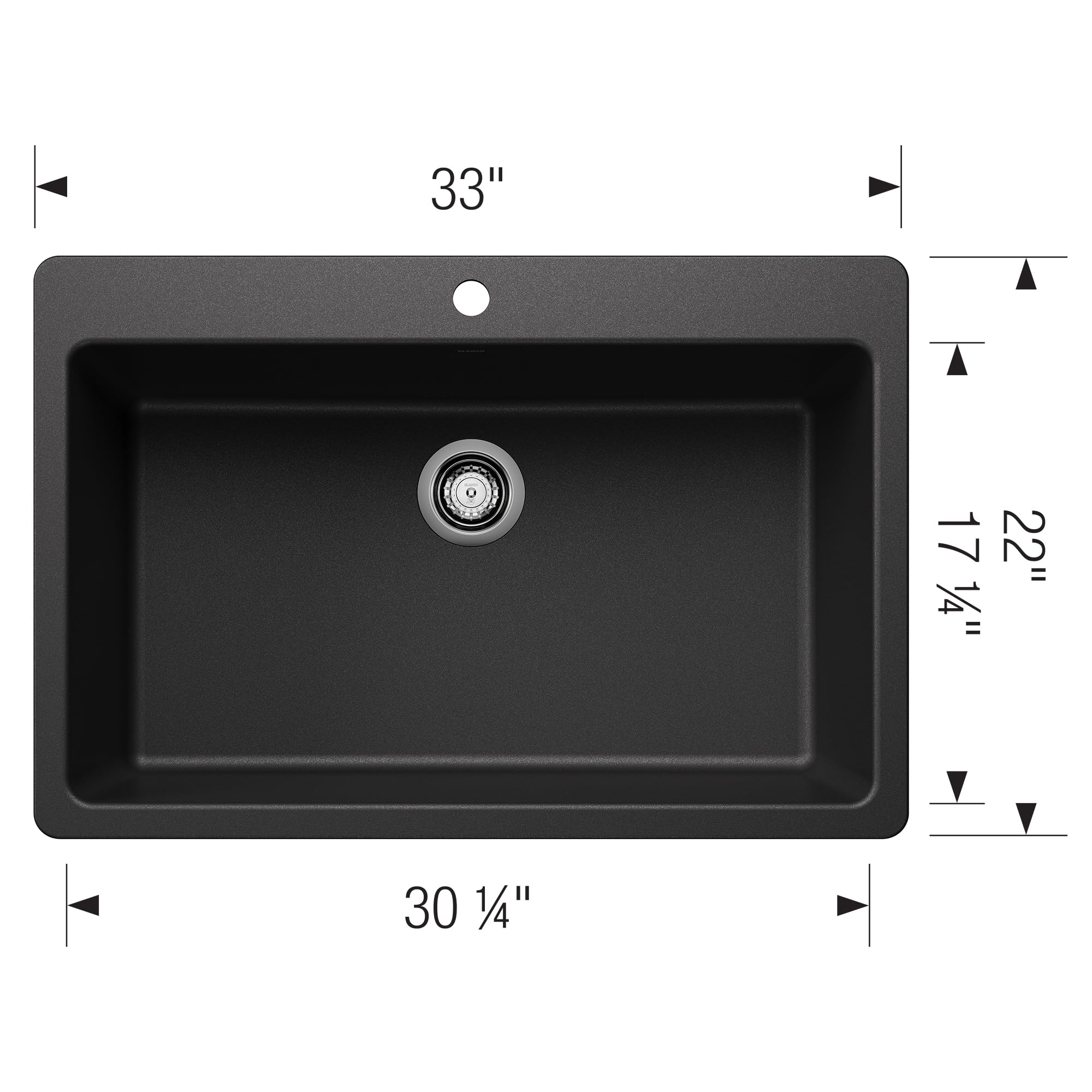 Anthracite single bowl sink with rounded corners, drain, and faucet hole, measuring 33" wide by 22" deep.