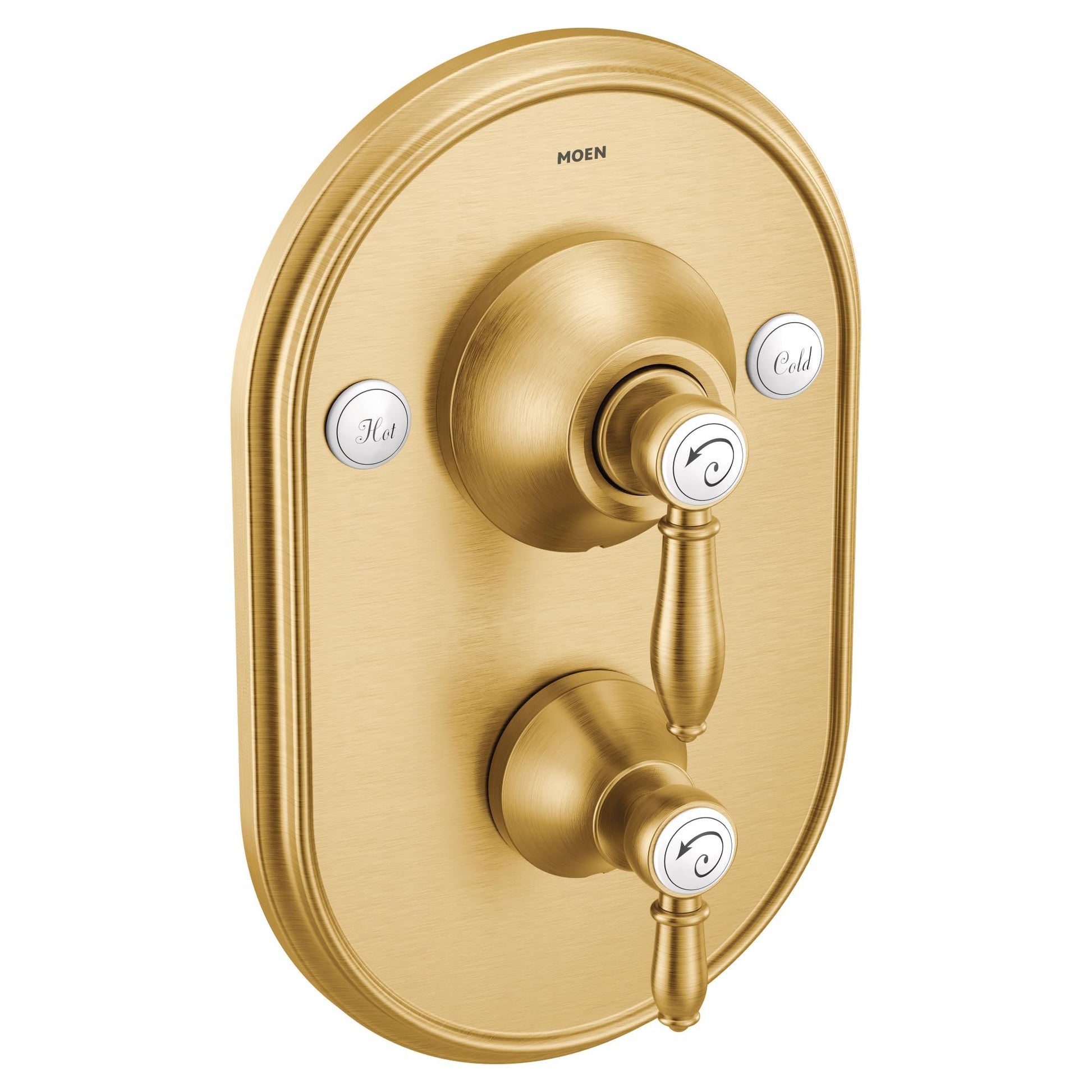 Brushed gold oval shower trim plate with central lever handle, two control knobs labeled Hot and Cold, and transfer valve but