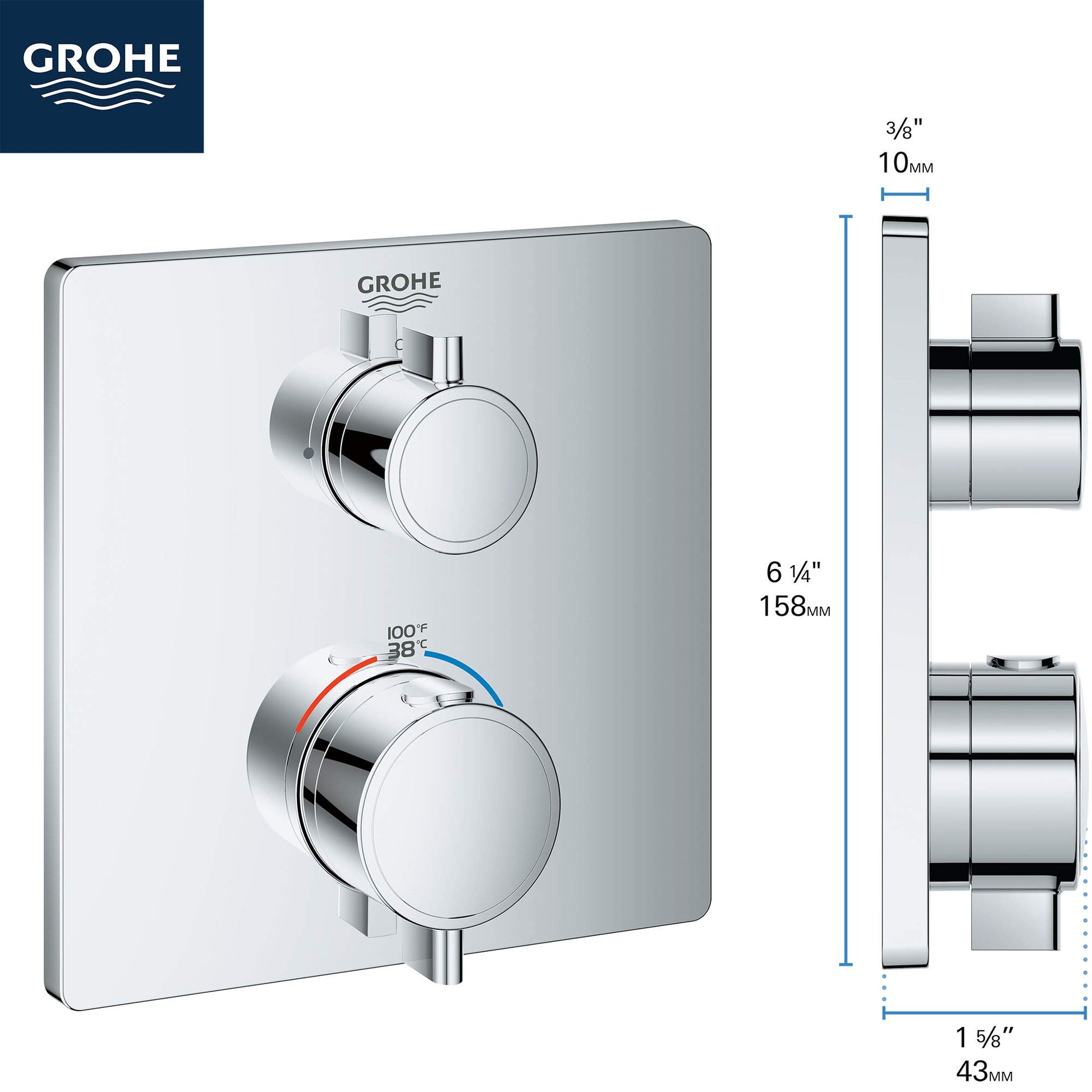 Grohe Grohtherm thermostatic valve trim with rectangular escutcheon, two round handles, and temperature dial in brushed nicke