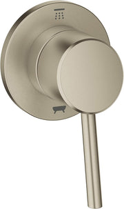 Brushed nickel single-handle diverter valve trim with circular escutcheon plate and shower/tub icons.