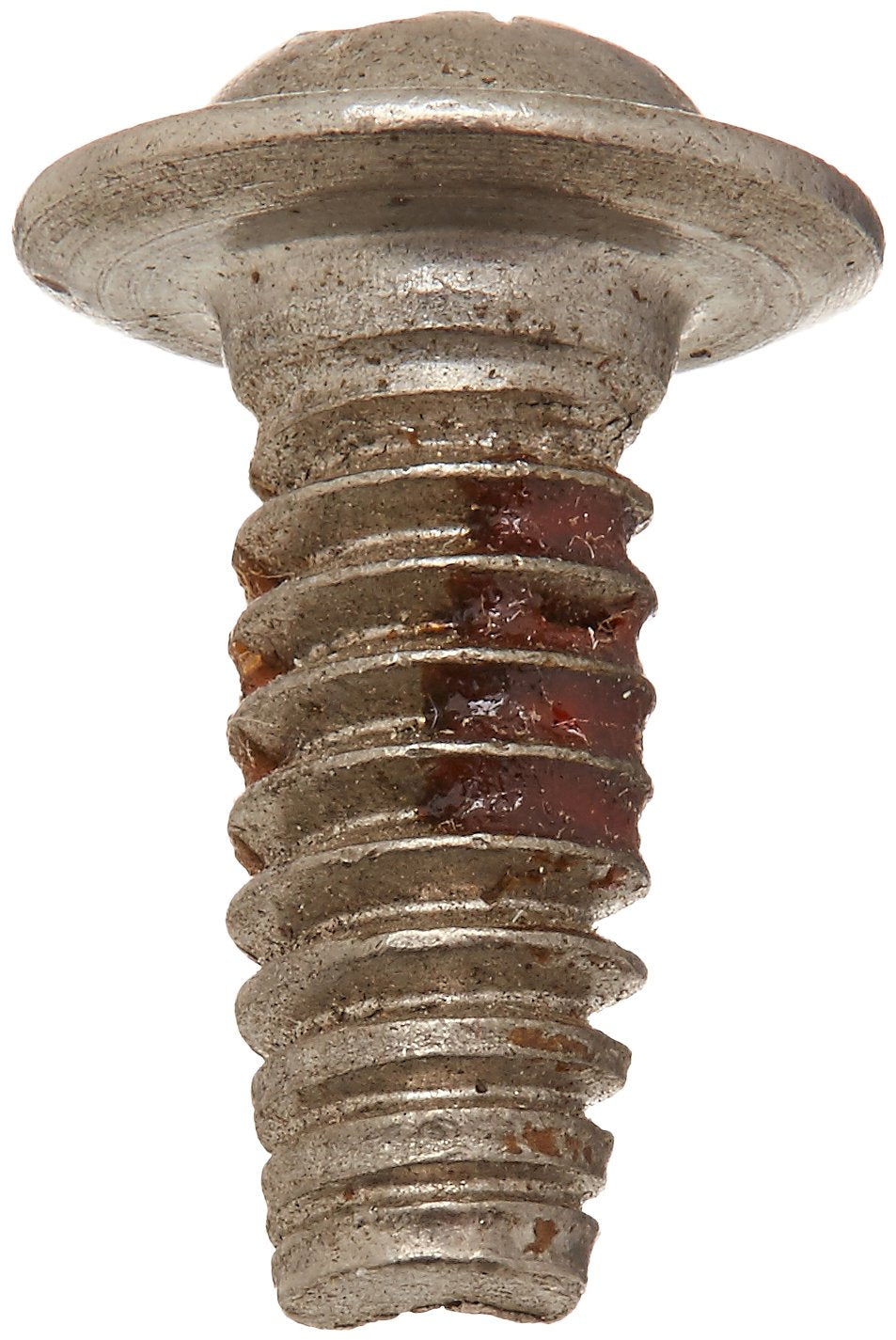 Metallic handle screw with wide mushroom-shaped head and threaded shaft, showing rust patina and wear.