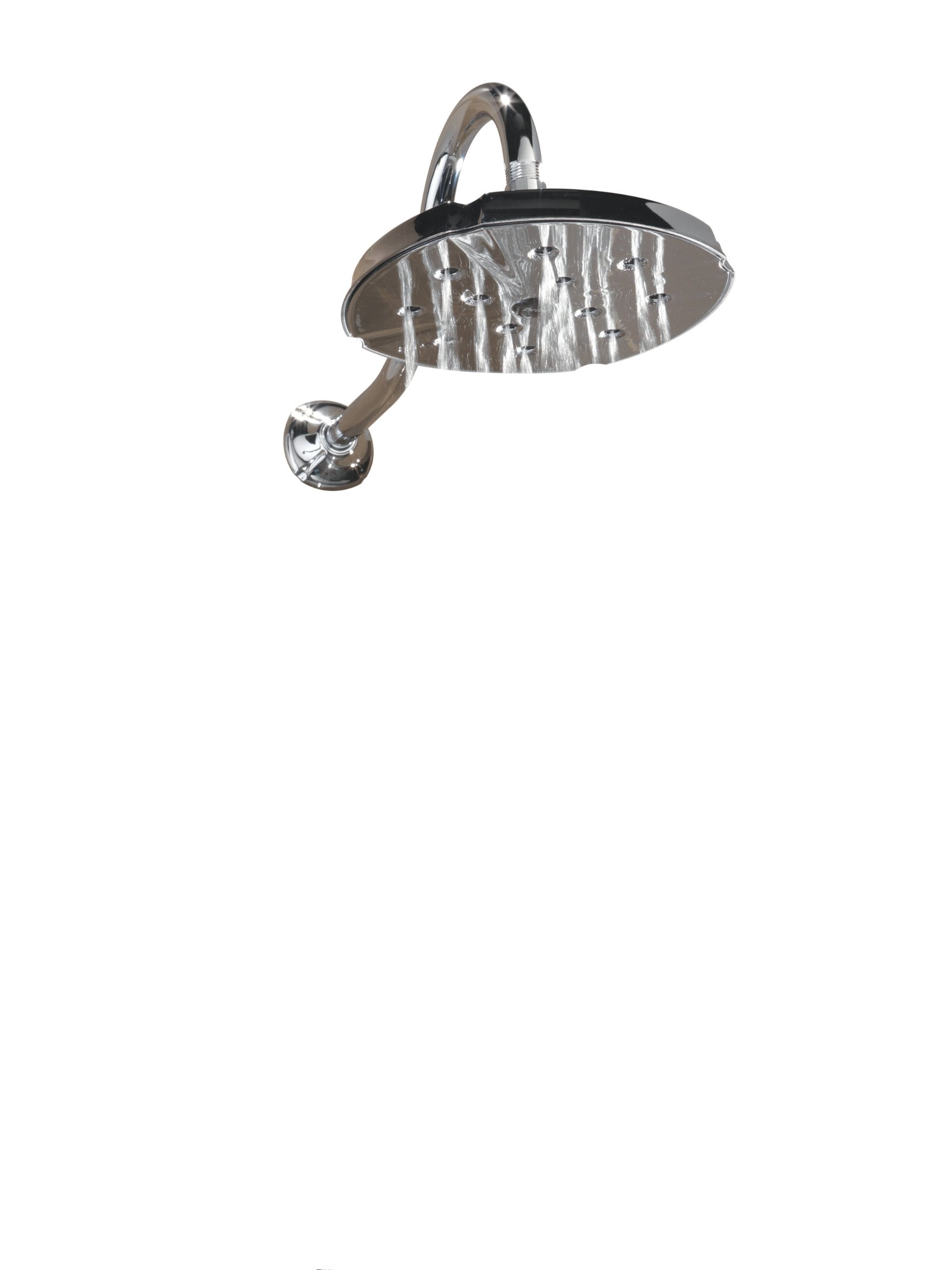 Chrome shower head with curved arm and wall-mounted bracket, multiple spray jets visible on round face.