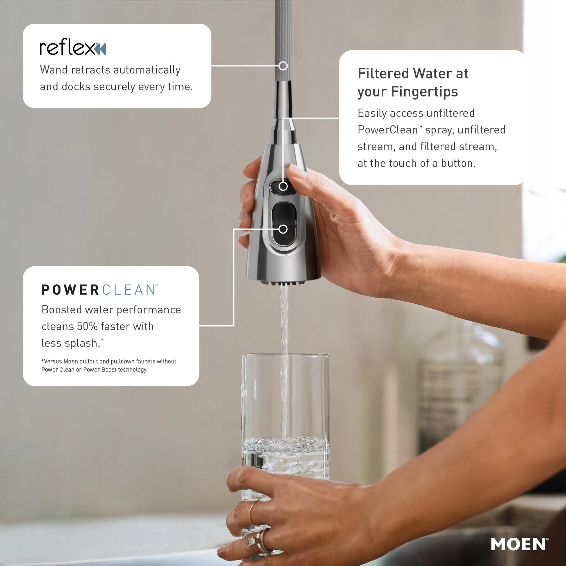 Chrome pulldown kitchen faucet with single handle and high arc spout being held over a glass of water.