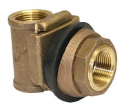Brass pitless adapter with black rubber seal and threaded inlet and outlet ports.
