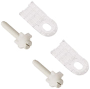 White plastic mounting hardware set with two bolts and two bracket plates for toilet seat installation.