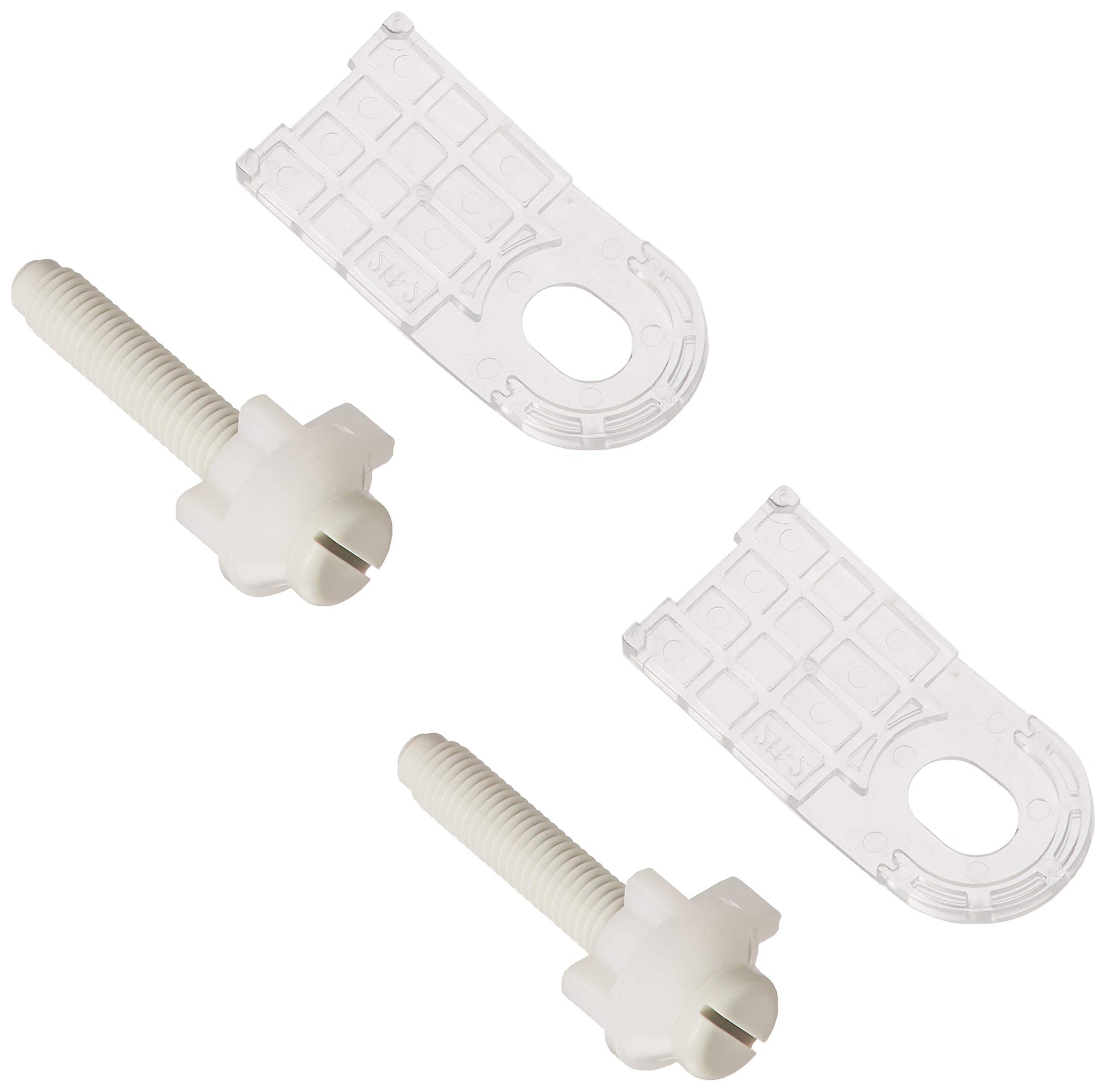 White plastic mounting hardware set with two bolts and two bracket plates for toilet seat installation.
