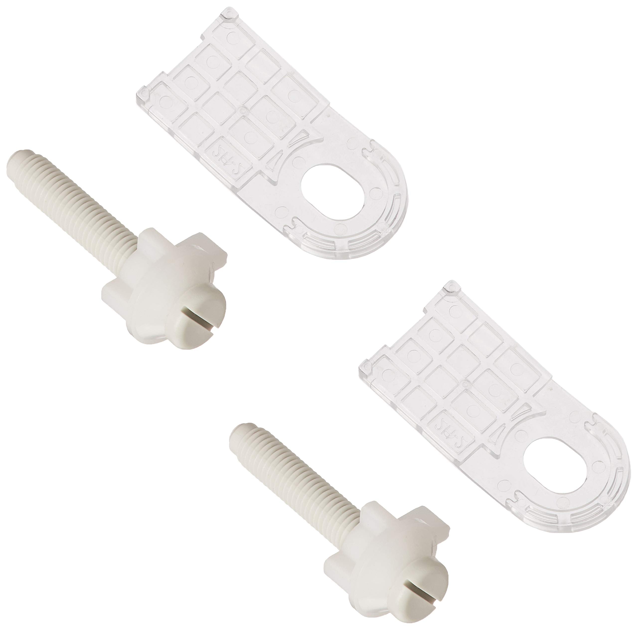 White plastic mounting hardware set with two bolts and two bracket plates for toilet seat installation.