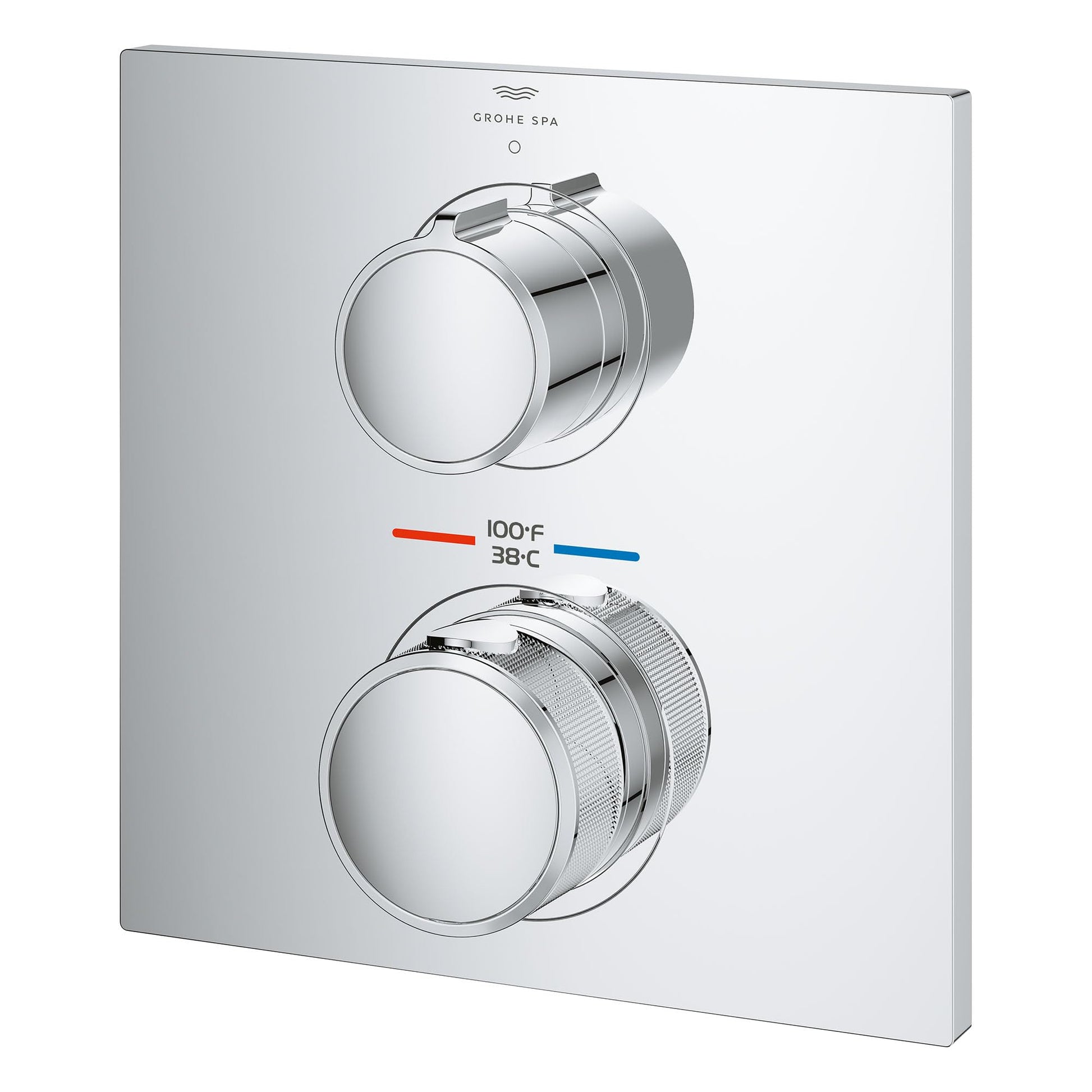 Chrome thermostatic valve trim with two round handles, temperature display marked 38-100°C, and square escutcheon plate.