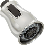 Pull-down spray head with black trigger button and multiple spray jets on silver stainless steel housing.