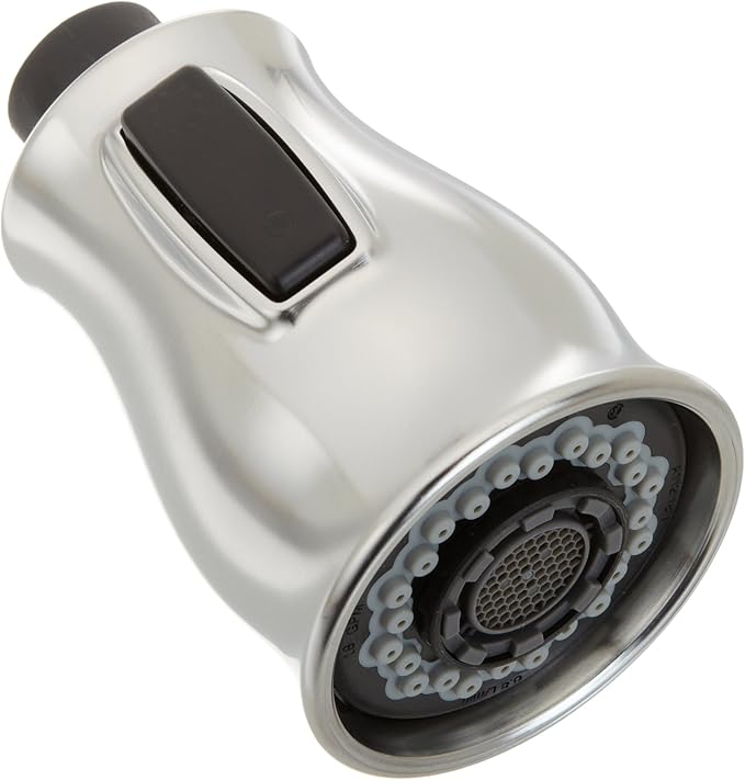 Pull-down spray head with black trigger button and multiple spray jets on silver stainless steel housing.