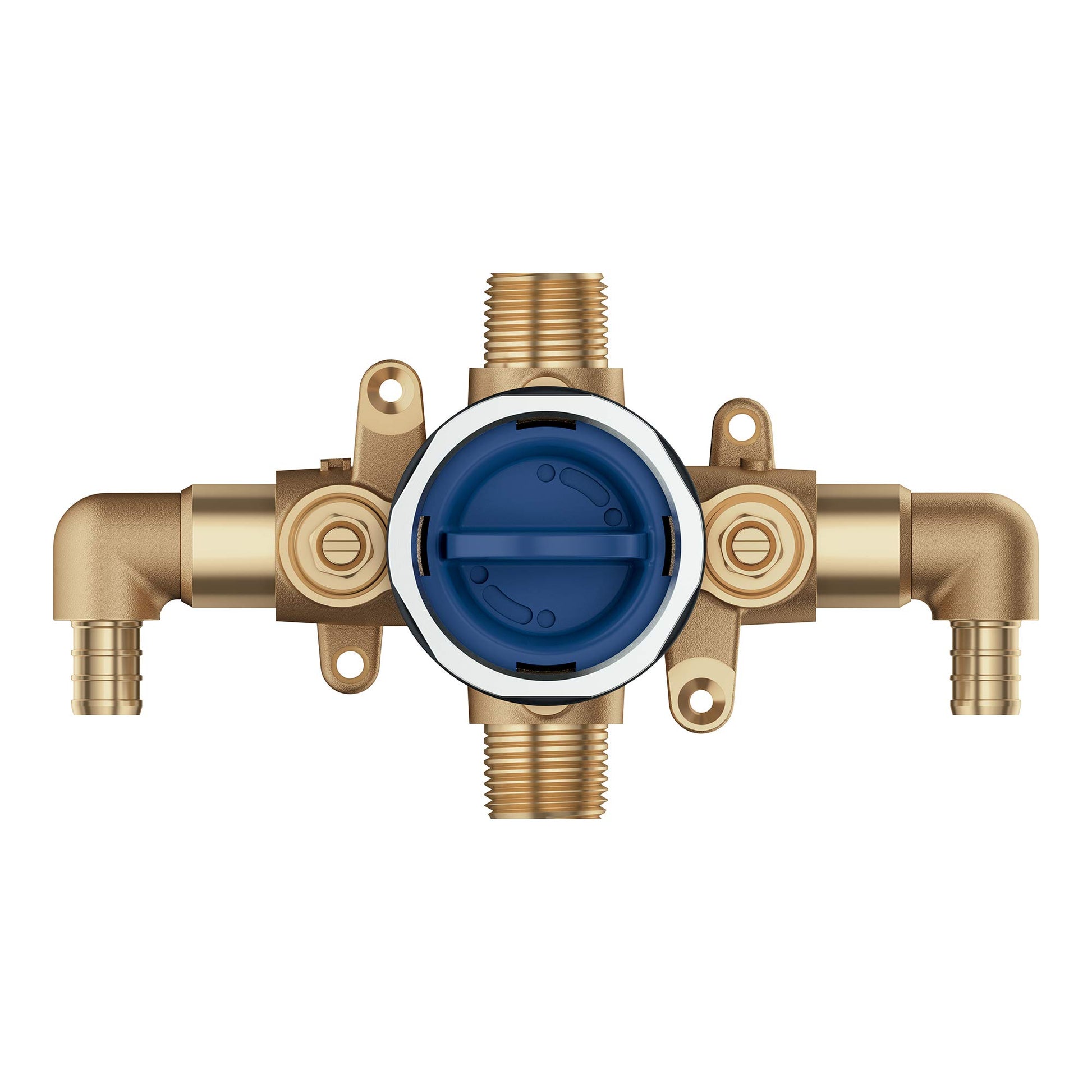 Brass pressure balance rough-in valve with blue cartridge center, threaded ports, and mounting brackets.