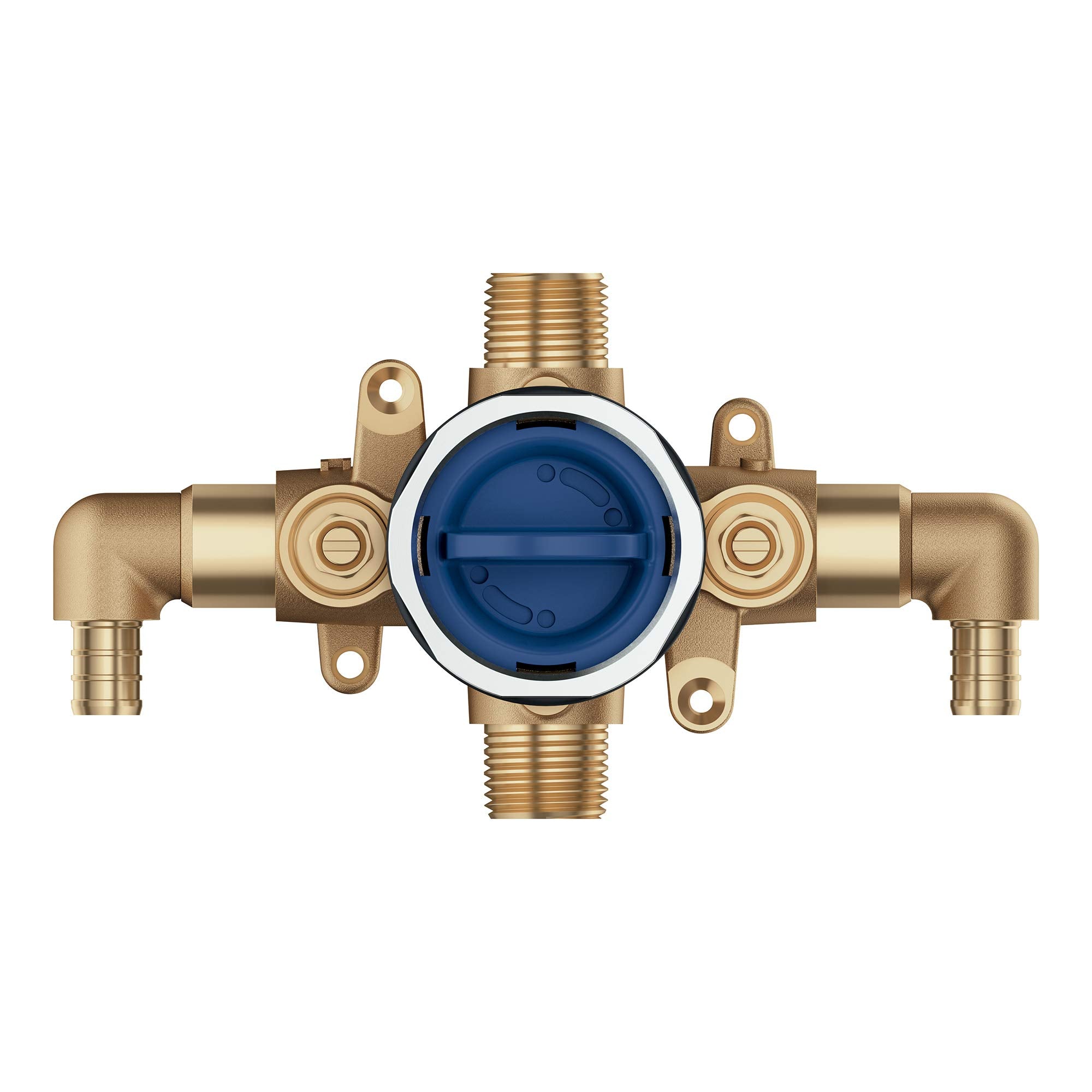 Brass pressure balance rough-in valve with blue cartridge center, threaded ports, and mounting brackets.