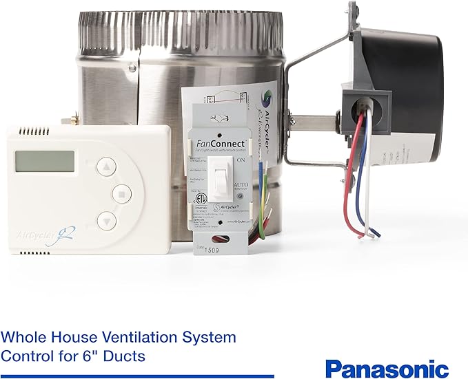 Panasonic ventilation system components including wall mount controller, motorized damper, fan/light switch, and metal ductwo