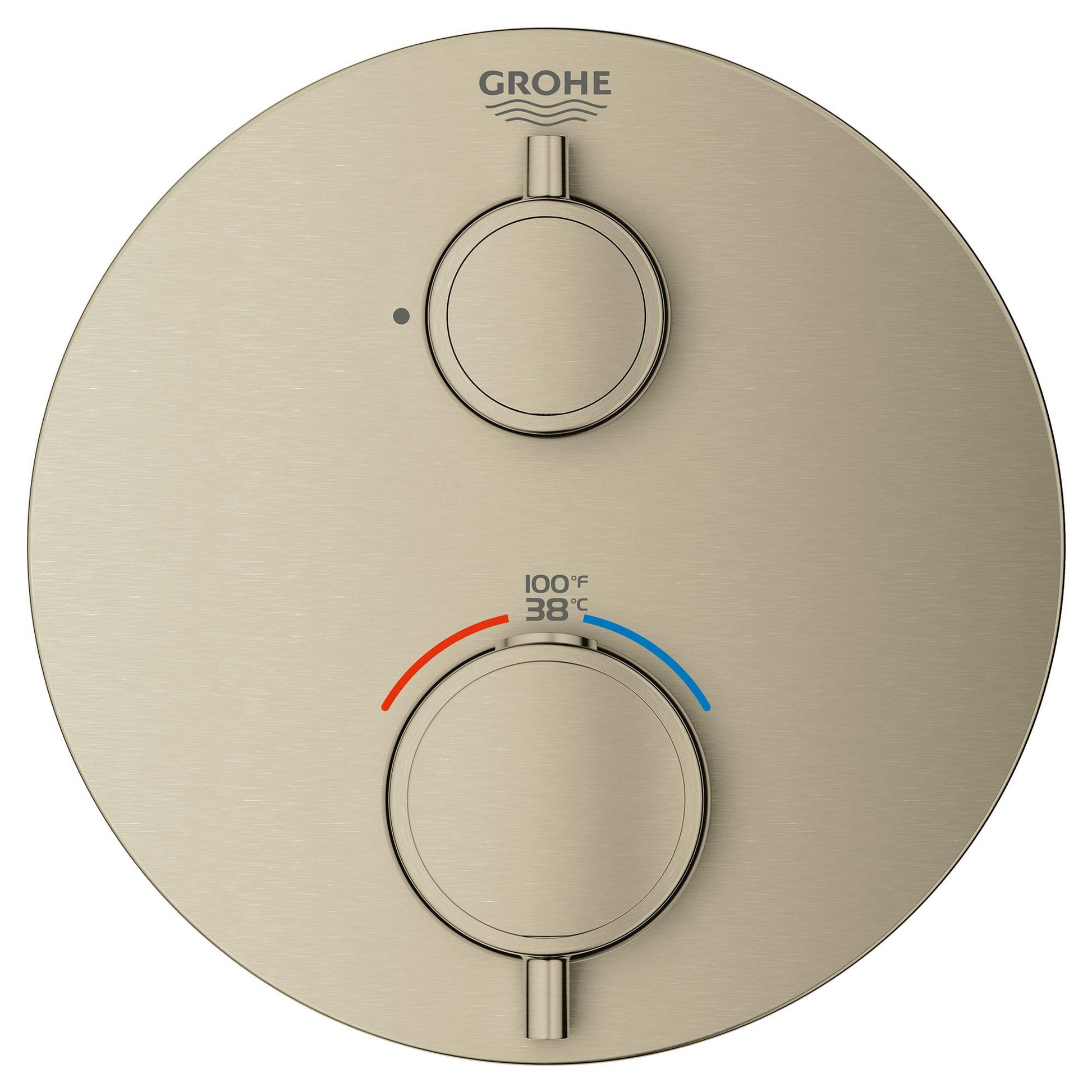 Grohe Grohtherm thermostatic valve trim with round brushed nickel escutcheon, two circular handles, and temperature indicator