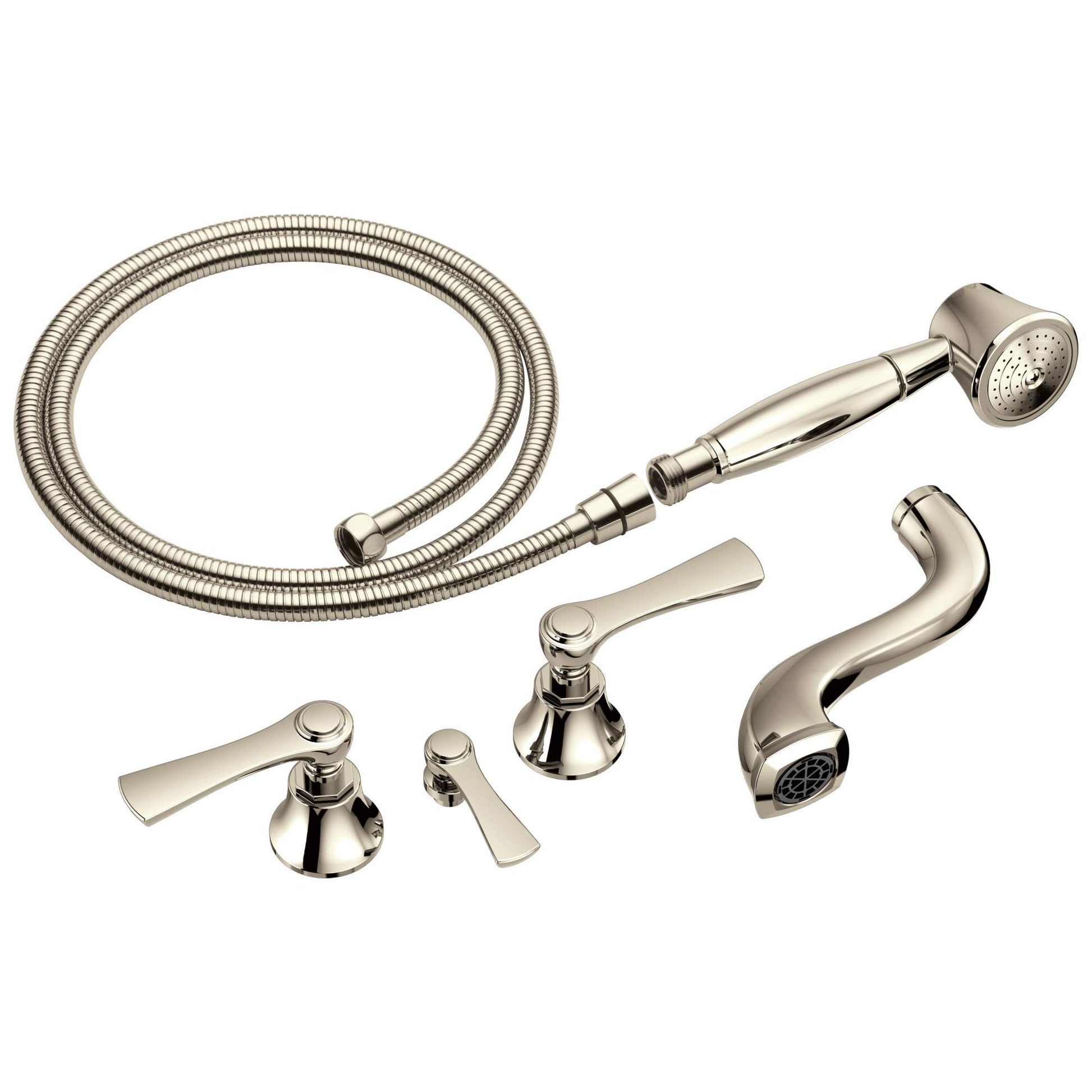 Chrome two-handle tub filler trim kit with curved spout, lever handles, handheld showerhead, and flexible hose.
