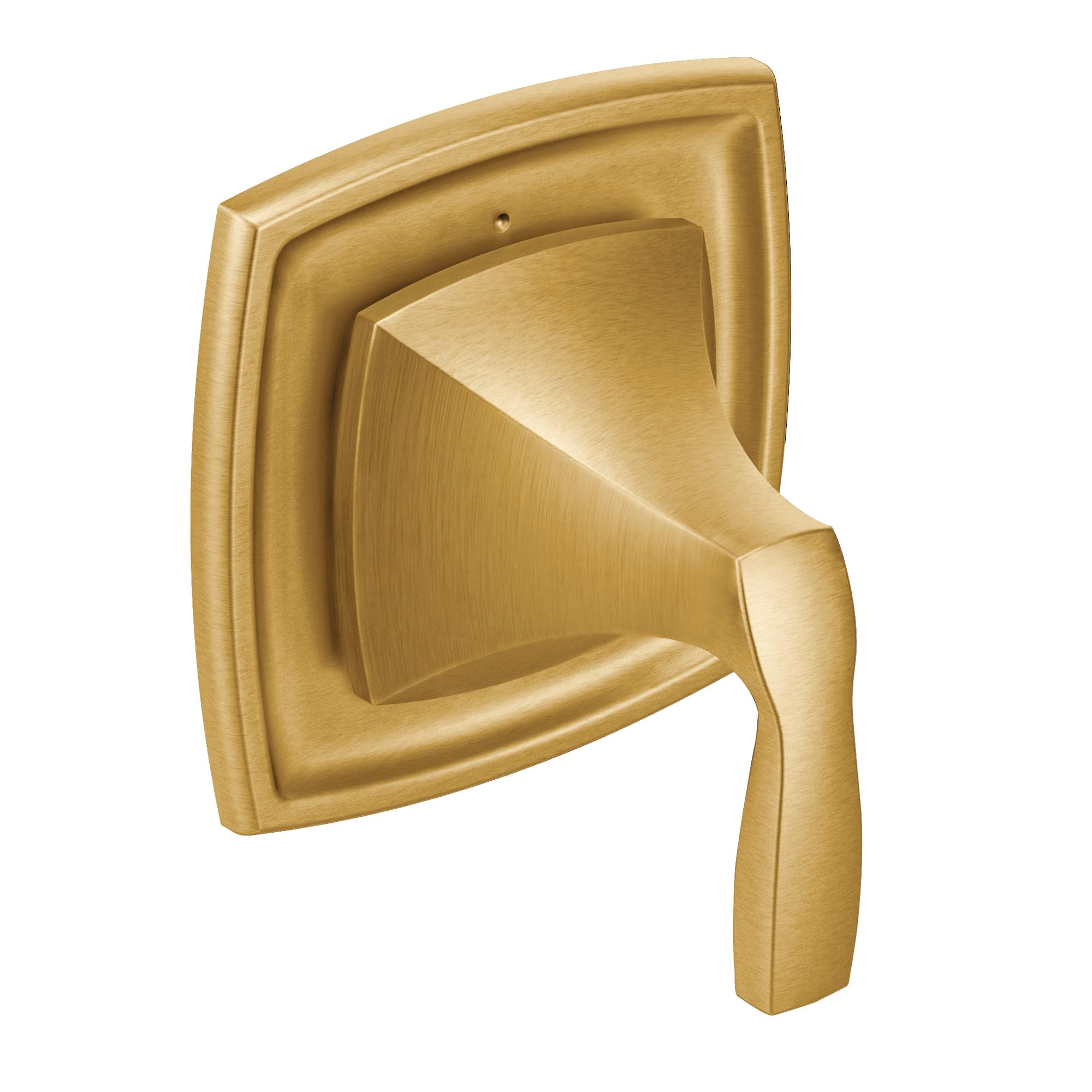 Brushed gold square diverter valve trim with angled lever handle and recessed faceplate.