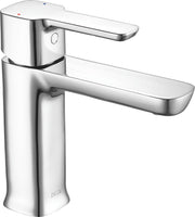 Chrome single-handle bathroom faucet with curved spout and cylindrical body featuring hot and cold water indicators.