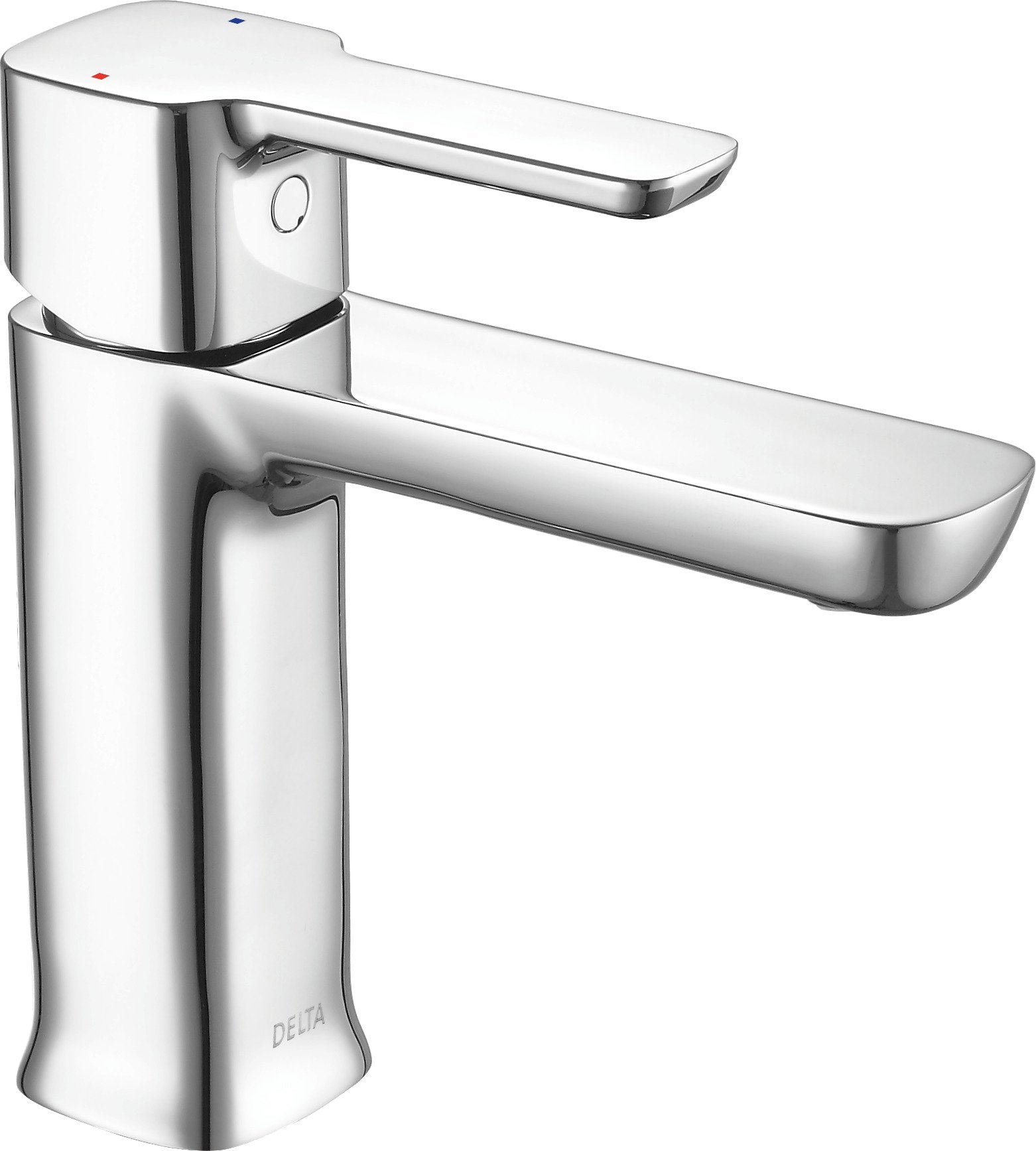 Chrome single-handle bathroom faucet with curved spout and cylindrical body featuring hot and cold water indicators.