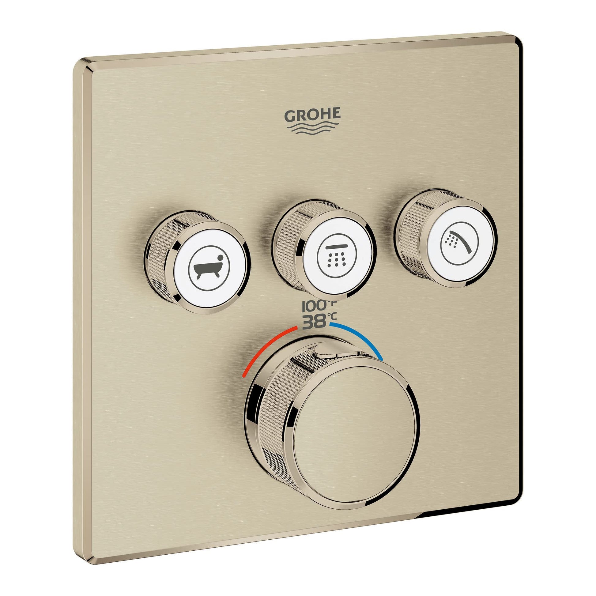 Grohe brushed nickel thermostatic valve trim with three function buttons and temperature control dial displaying 38°C.