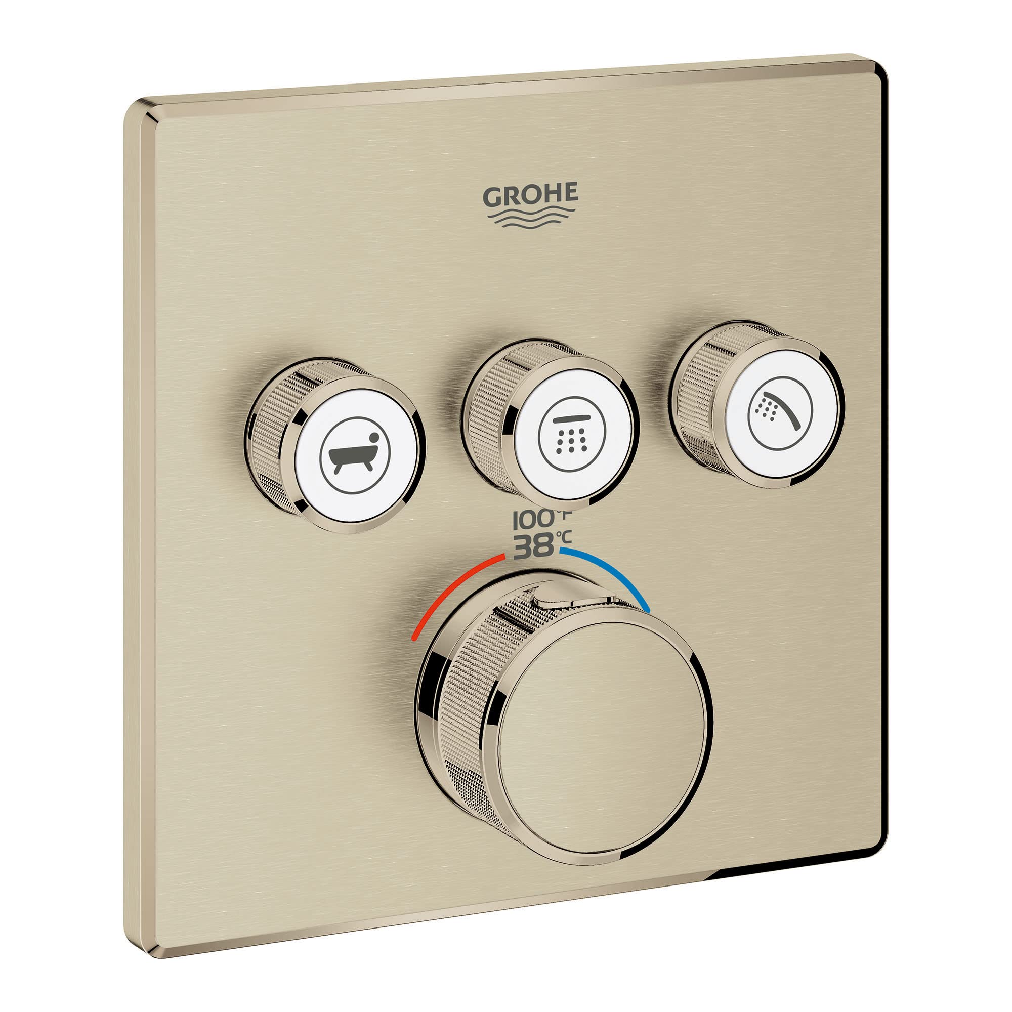 Grohe brushed nickel thermostatic valve trim with three function buttons and temperature control dial displaying 38°C.
