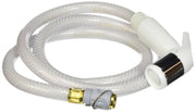 White spray head with chrome band attached to clear braided hose and brass connection fittings.
